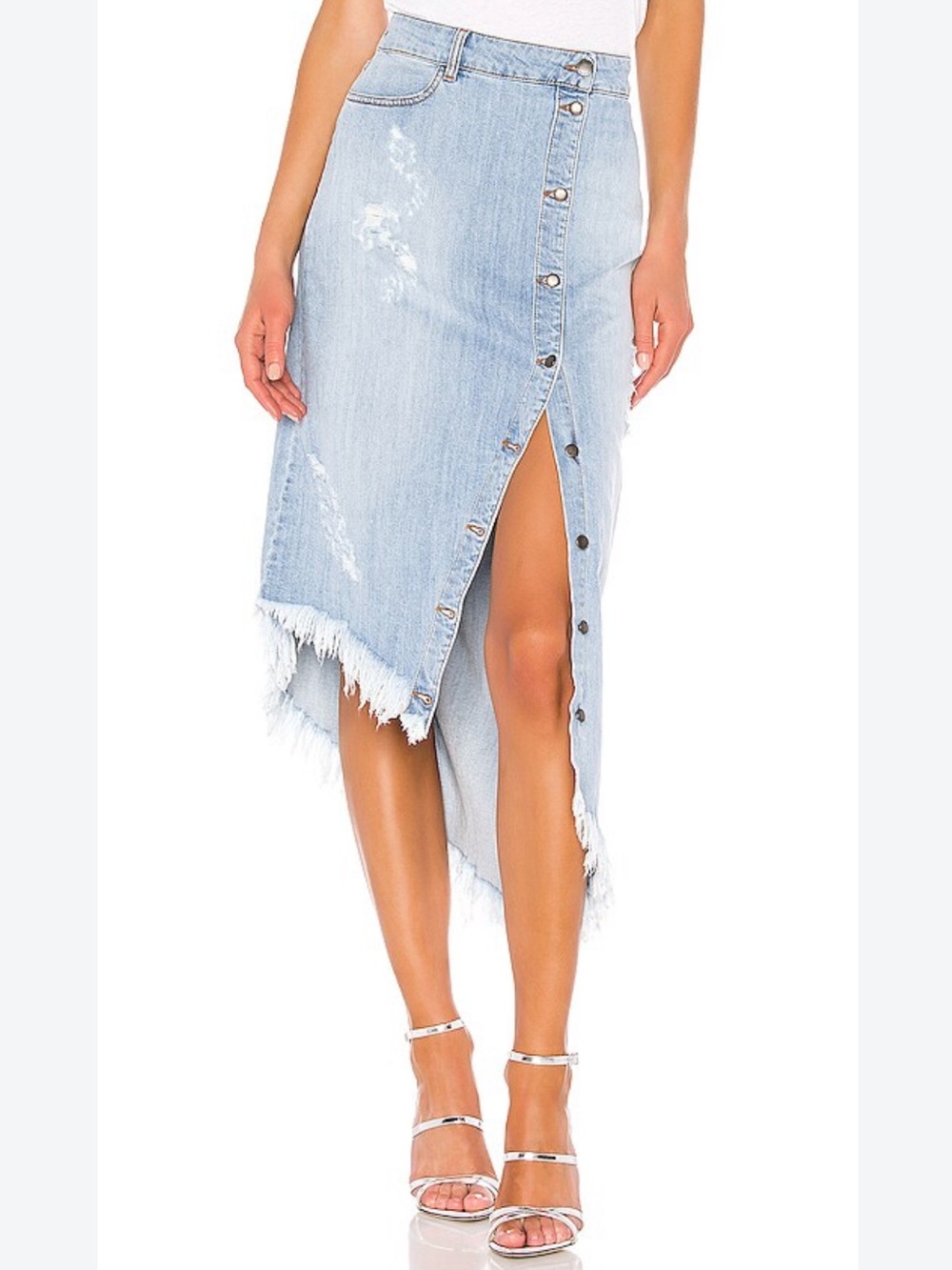 Retrofete Maude Light Blue Distressed Asymmetrical Denim Midi Skirt Small